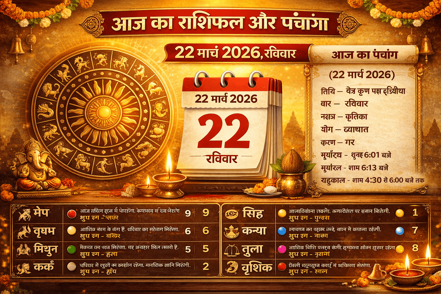 आज का राशिफल और पंचांग: 22 मार्च 2026, रविवार — जानें सभी 12 राशियों का हाल, शुभ रंग और शुभ अंक