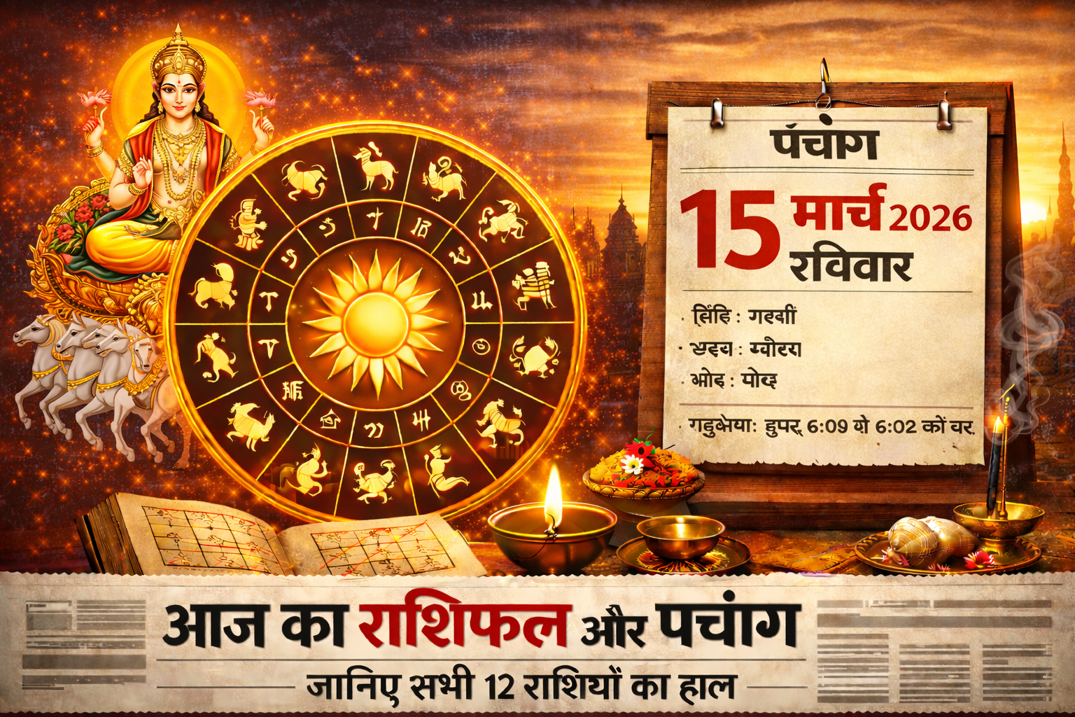 आज का राशिफल और पंचांग: 15 मार्च 2026, रविवार — जानें सभी 12 राशियों का हाल, शुभ रंग और शुभ अंक