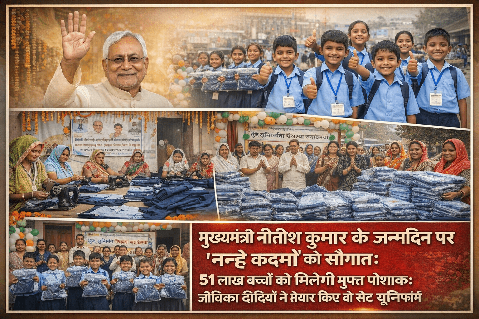 मुख्यमंत्री नीतीश कुमार के जन्मदिन पर ‘नन्हे कदमों’ को सौगात: 51 लाख बच्चों को मिलेगी मुफ्त पोशाक; जीविका दीदियों ने तैयार किए दो सेट यूनिफॉर्म
