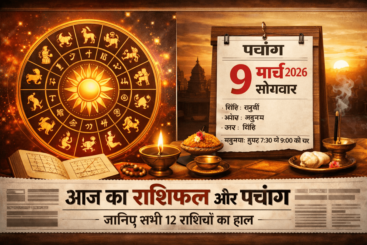 आज का राशिफल और पंचांग: 9 मार्च 2026, सोमवार — जानें सभी 12 राशियों का हाल, शुभ रंग और शुभ अंक