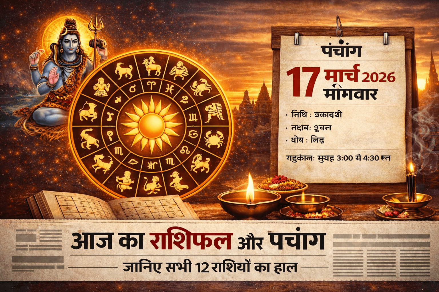 आज का राशिफल और पंचांग: 17 मार्च 2026, मंगलवार — जानें सभी 12 राशियों का हाल, शुभ रंग और शुभ अंक