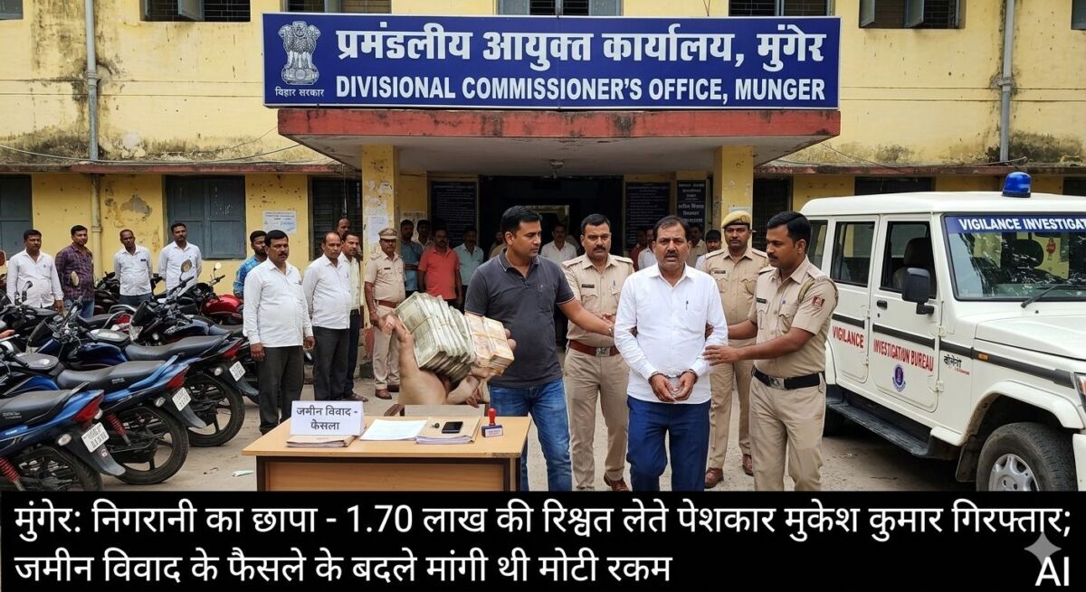 मुंगेर प्रमंडलीय आयुक्त कार्यालय में निगरानी की 'सर्जिकल स्ट्राइक': 1.70 लाख की घूस लेते पेशकार मुकेश कुमार रंगे हाथ गिरफ्तार; जमीन विवाद के फैसले के बदले मांगी थी मोटी रकम, प्रशासनिक गलियारों में मचा हड़कंप