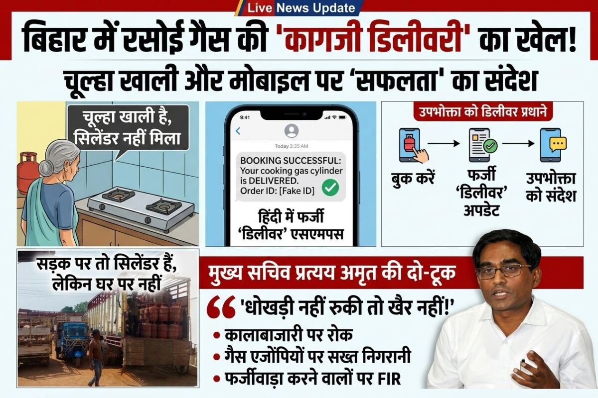 बिहार में रसोई गैस की 'कागजी डिलीवरी' का खेल: चूल्हा खाली और मोबाइल पर 'सफलता' का संदेश, मुख्य सचिव प्रत्यय अमृत की दो-टूक—'धोखाधड़ी नहीं रुकी तो खैर नहीं' 1 बिहार में रसोई गैस की 'कागजी डिलीवरी' का खेल: चूल्हा खाली और मोबाइल पर 'सफलता' का संदेश, मुख्य सचिव प्रत्यय अमृत की दो-टूक—'धोखाधड़ी नहीं रुकी तो खैर नहीं'