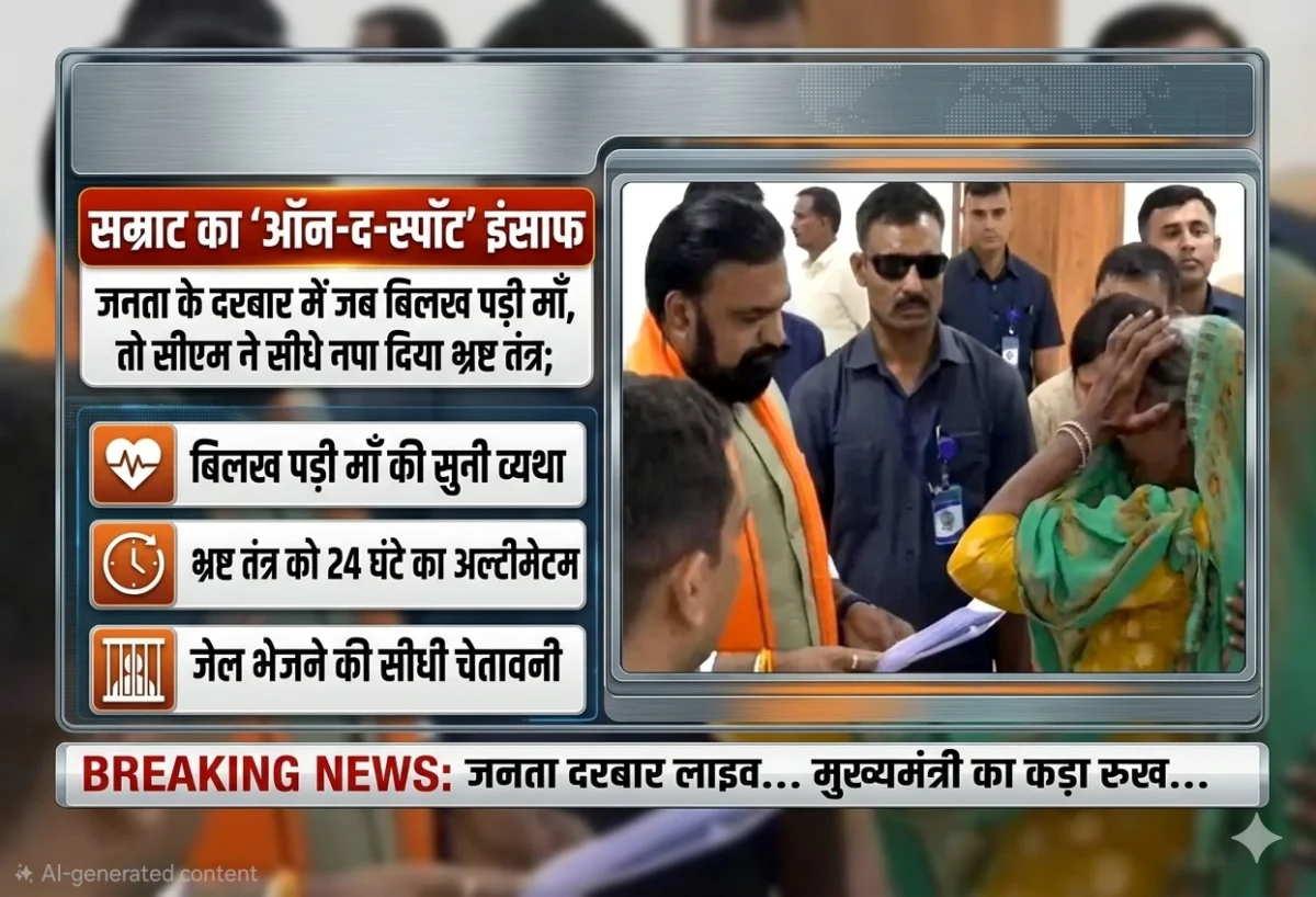 सम्राट का 'ऑन-द-स्पॉट' इंसाफ: जनता के दरबार में जब बिलख पड़ी माँ, तो सीएम ने सीधे नपा दिया भ्रष्ट तंत्र; 24 घंटे का अल्टीमेटम और जेल की चेतावनी 1 सम्राट का 'ऑन-द-स्पॉट' इंसाफ: जनता के दरबार में जब बिलख पड़ी माँ, तो सीएम ने सीधे नपा दिया भ्रष्ट तंत्र; 24 घंटे का अल्टीमेटम और जेल की चेतावनी