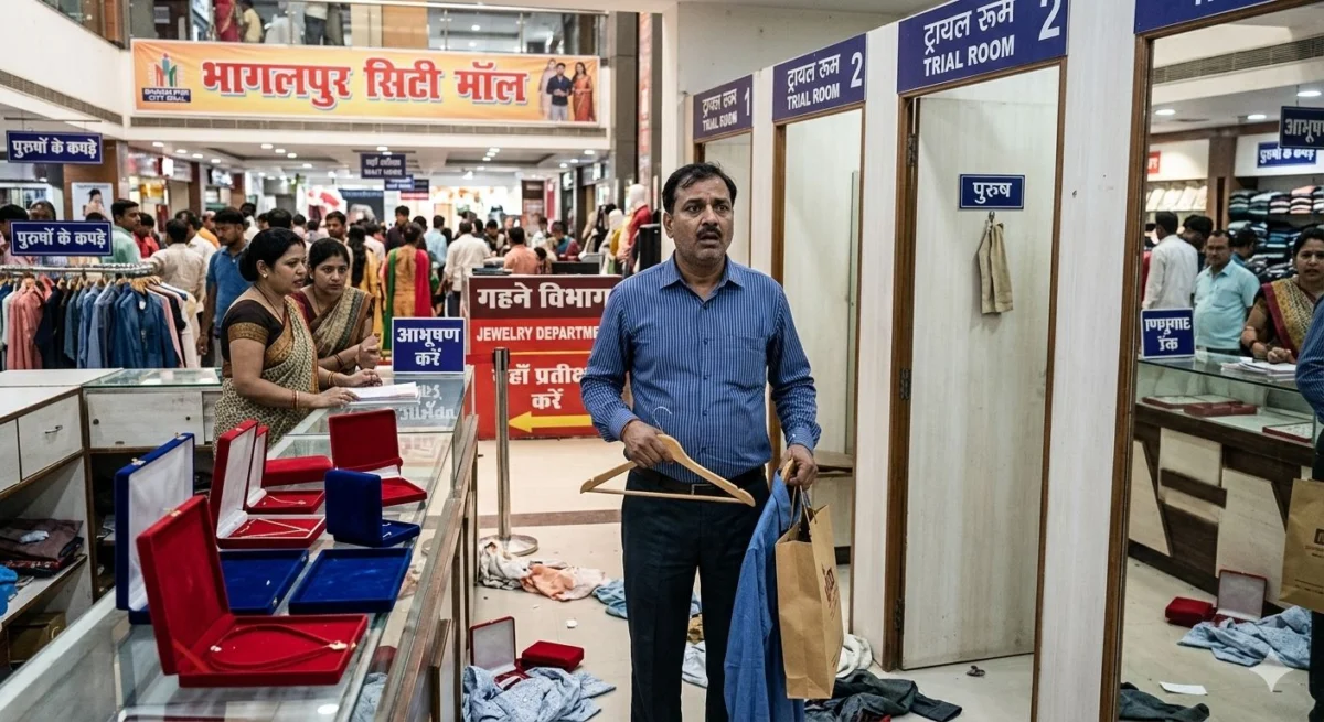ट्रायल रूम का 'मायाजाल': भागलपुर के मॉल से गहने लेकर रफूचक्कर हुई पत्नी; पति कपड़ों के साथ खड़ा रहा, जीवनसाथी चंपत 1 ट्रायल रूम का 'मायाजाल': भागलपुर के मॉल से गहने लेकर रफूचक्कर हुई पत्नी; पति कपड़ों के साथ खड़ा रहा, जीवनसाथी चंपत