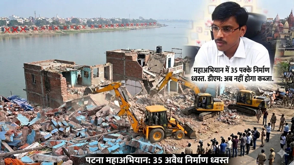 पटना में गंगा किनारे चला महाअभियान: 35 पक्के अवैध निर्माणों पर बुलडोजर, डीएम बोले—अब नहीं होगा कब्जा