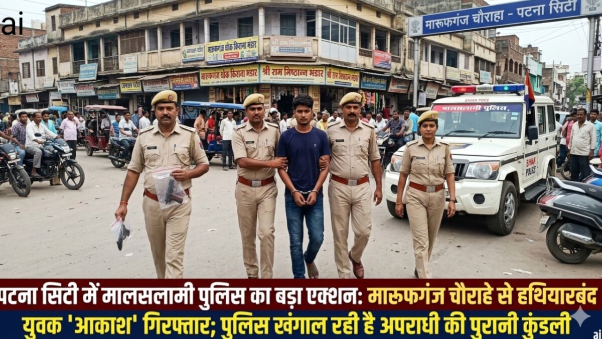 पटना सिटी में मालसलामी पुलिस का बड़ा एक्शन: मारूफगंज चौराहे से हथियारबंद युवक 'आकाश' गिरफ्तार, देसी कट्टा और जिंदा कारतूस बरामद; पुलिस खंगाल रही है अपराधी की पुरानी कुंडली 1 पटना सिटी में मालसलामी पुलिस का बड़ा एक्शन: मारूफगंज चौराहे से हथियारबंद युवक 'आकाश' गिरफ्तार, देसी कट्टा और जिंदा कारतूस बरामद; पुलिस खंगाल रही है अपराधी की पुरानी कुंडली