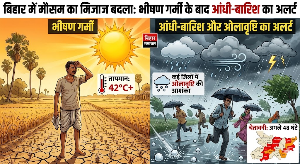 बिहार में मौसम का मिजाज बदला: भीषण गर्मी के बाद आंधी-बारिश का अलर्ट, कई जिलों में ओलावृष्टि की आशंका 1 बिहार में मौसम का मिजाज बदला: भीषण गर्मी के बाद आंधी-बारिश का अलर्ट, कई जिलों में ओलावृष्टि की आशंका
