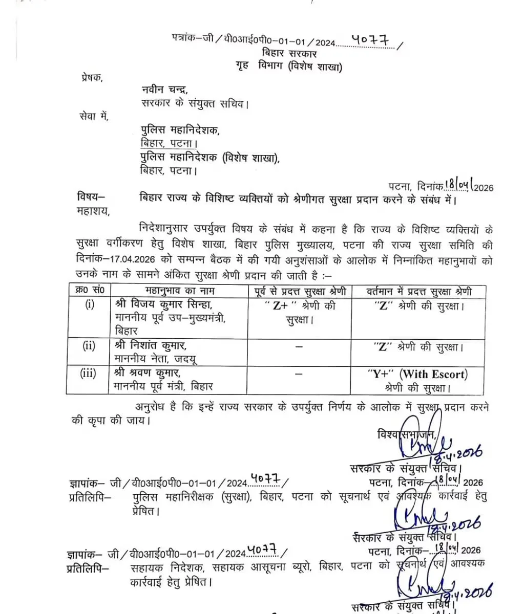 बिहार में सुरक्षा का नया 'ग्रेडेशन': विजय सिन्हा की सुरक्षा घटी, निशांत कुमार को पहली बार मिली Z कैटेगरी 2 बिहार में सुरक्षा का नया 'ग्रेडेशन': विजय सिन्हा की सुरक्षा घटी, निशांत कुमार को पहली बार मिली Z कैटेगरी