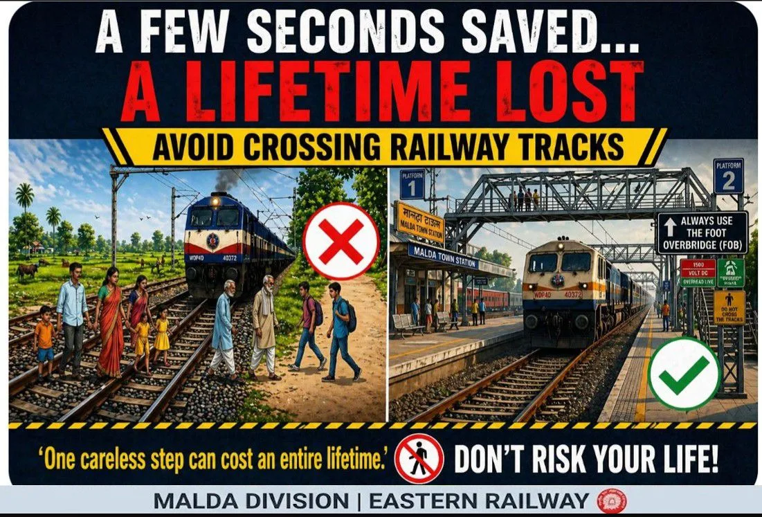 रेलवे ट्रैक पार करना पड़ सकता है भारी, मालदा मंडल का सख्त सुरक्षा अभियान; 205 मानव और 237 मवेशी हादसे दर्ज