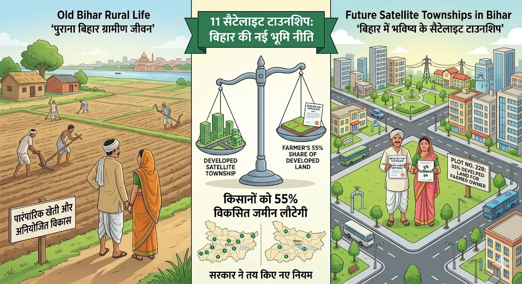 बिहार में 11 सैटेलाइट टाउनशिप: किसानों को 55% विकसित जमीन लौटेगी, सरकार ने तय किए नए नियम 1 बिहार में 11 सैटेलाइट टाउनशिप: किसानों को 55% विकसित जमीन लौटेगी, सरकार ने तय किए नए नियम