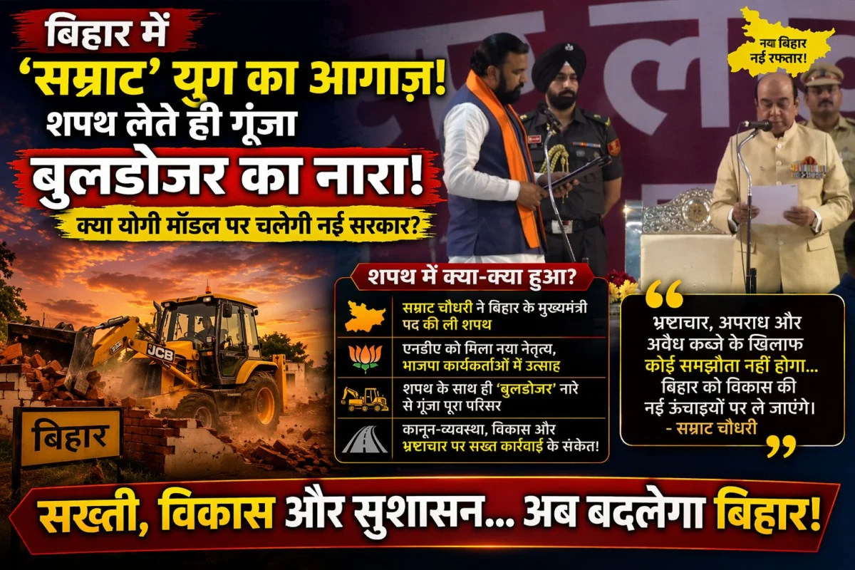 बिहार में 'सम्राट' युग का आगाज़: शपथ लेते ही गूँजा बुलडोजर का नारा, क्या योगी मॉडल पर चलेगी नई सरकार? 1 बिहार में 'सम्राट' युग का आगाज़: शपथ लेते ही गूँजा बुलडोजर का नारा, क्या योगी मॉडल पर चलेगी नई सरकार?