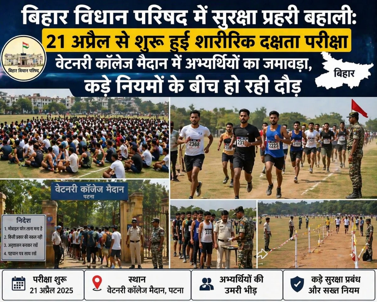 बिहार विधान परिषद में सुरक्षा प्रहरी बहाली: 21 अप्रैल से शुरू हुई शारीरिक दक्षता परीक्षा; वेटनरी कॉलेज मैदान में अभ्यर्थियों का जमावड़ा, कड़े नियमों के बीच हो रही दौड़ 1 बिहार विधान परिषद में सुरक्षा प्रहरी बहाली: 21 अप्रैल से शुरू हुई शारीरिक दक्षता परीक्षा; वेटनरी कॉलेज मैदान में अभ्यर्थियों का जमावड़ा, कड़े नियमों के बीच हो रही दौड़