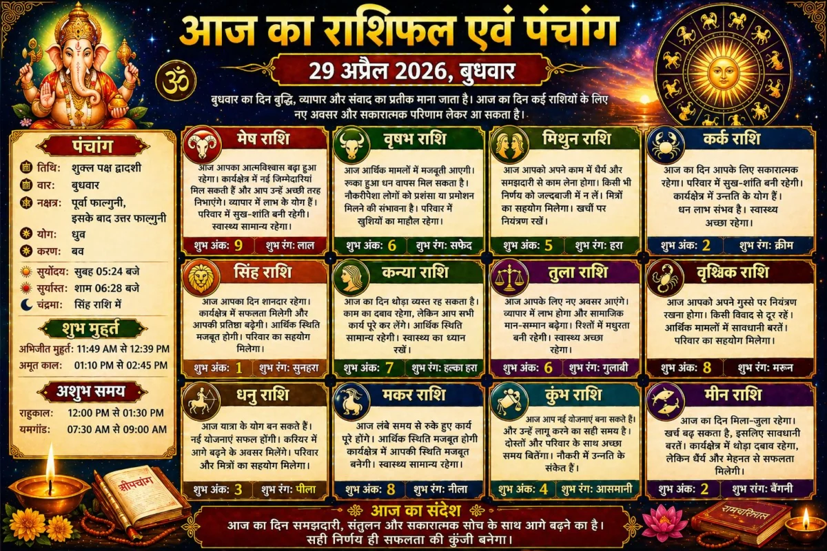 आज का राशिफल एवं पंचांग (29 अप्रैल 2026, बुधवार) 1 आज का राशिफल एवं पंचांग (29 अप्रैल 2026, बुधवार)