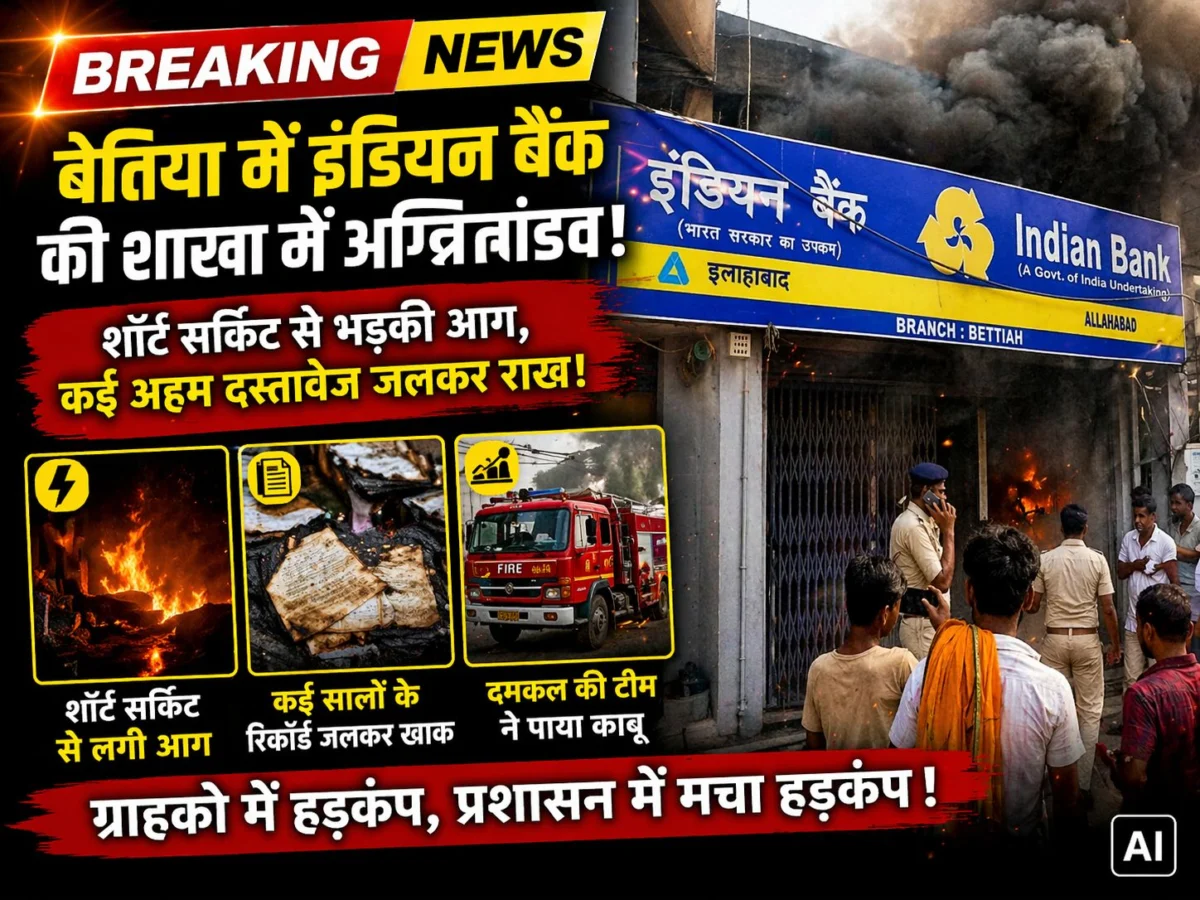 बेतिया में इंडियन बैंक की शाखा में अग्नितांडव: शॉर्ट सर्किट से भड़की आग, कई अहम दस्तावेज जलकर राख