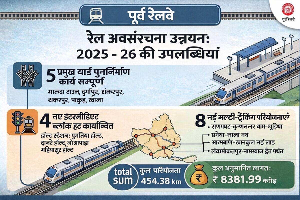 पूर्व रेलवे की बड़ी उपलब्धि: 2025-26 में इंफ्रास्ट्रक्चर में भारी निवेश, यात्रियों को मिलेगा तेज और सुरक्षित सफर 1 पूर्व रेलवे की बड़ी उपलब्धि: 2025-26 में इंफ्रास्ट्रक्चर में भारी निवेश, यात्रियों को मिलेगा तेज और सुरक्षित सफर
