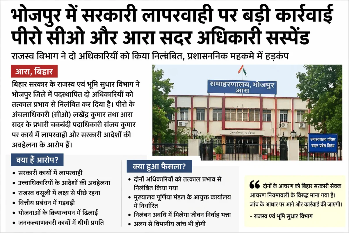 भोजपुर में सरकारी लापरवाही पर बड़ी कार्रवाई: पीरो सीओ और आरा सदर अधिकारी सस्पेंड, प्रशासन में हड़कंप 1 भोजपुर में सरकारी लापरवाही पर बड़ी कार्रवाई: पीरो सीओ और आरा सदर अधिकारी सस्पेंड, प्रशासन में हड़कंप