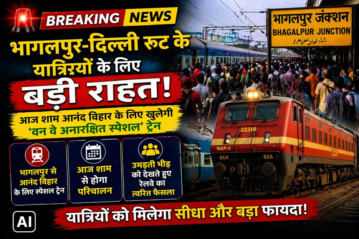 भागलपुर-दिल्ली रूट के यात्रियों के लिए बड़ी राहत: आज शाम आनंद विहार के लिए खुलेगी 'वन वे अनारक्षित स्पेशल' ट्रेन, उमड़ती भीड़ को देखते हुए रेलवे का त्वरित फैसला