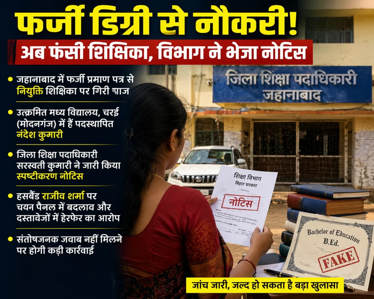 जहानाबाद में फर्जी डिग्री पर शिक्षिका की नौकरी पर सवाल, विभाग ने जारी किया नोटिस, पति की भूमिका भी जांच के घेरे में