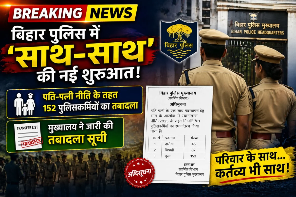 बिहार पुलिस में 'साथ-साथ' की नई शुरुआत: पति-पत्नी नीति के तहत 152 पुलिसकर्मियों का तबादला, मुख्यालय ने जारी की सूची 1 बिहार पुलिस में 'साथ-साथ' की नई शुरुआत: पति-पत्नी नीति के तहत 152 पुलिसकर्मियों का तबादला, मुख्यालय ने जारी की सूची
