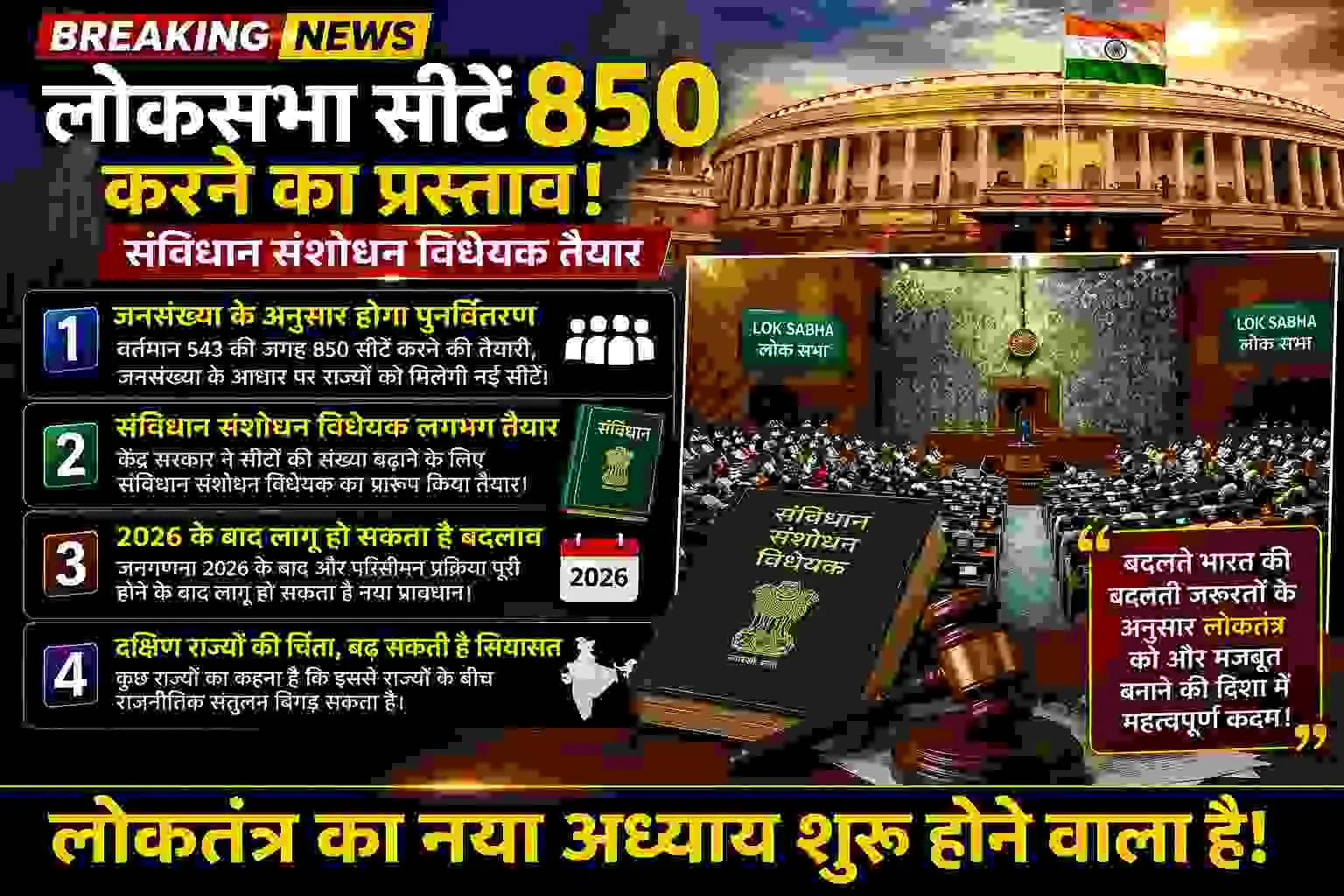 लोकसभा सीटें 850 करने का प्रस्ताव: संविधान संशोधन विधेयक तैयार 1 लोकसभा सीटें 850 करने का प्रस्ताव: संविधान संशोधन विधेयक तैयार