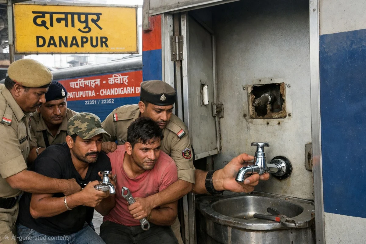 दानापुर स्टेशन पर रेल संपत्ति के 'दुश्मन' ढेर: पाटलिपुत्र-चंडीगढ़ एक्सप्रेस के शौचालय से नल उखाड़ रहे दो चोर दबोचे गए 1 दानापुर स्टेशन पर रेल संपत्ति के 'दुश्मन' ढेर: पाटलिपुत्र-चंडीगढ़ एक्सप्रेस के शौचालय से नल उखाड़ रहे दो चोर दबोचे गए