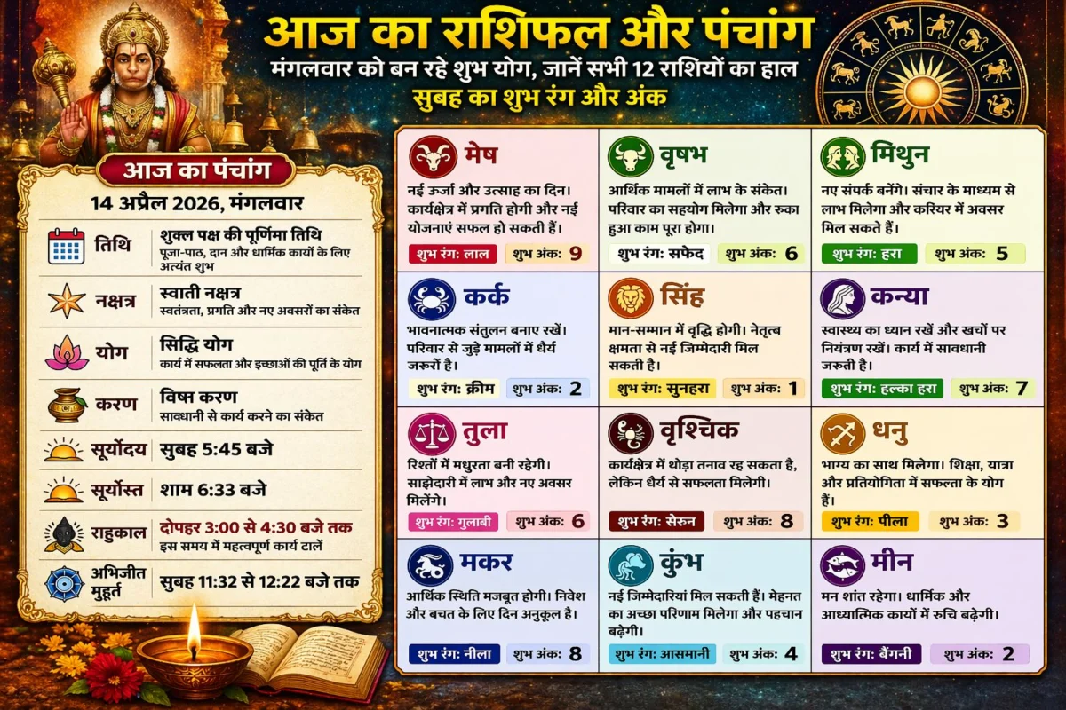 आज का राशिफल और पंचांग: मंगलवार को बन रहे शुभ योग, जानें सभी 12 राशियों का हाल, सुबह का शुभ रंग और अंक 1 आज का राशिफल और पंचांग: मंगलवार को बन रहे शुभ योग, जानें सभी 12 राशियों का हाल, सुबह का शुभ रंग और अंक