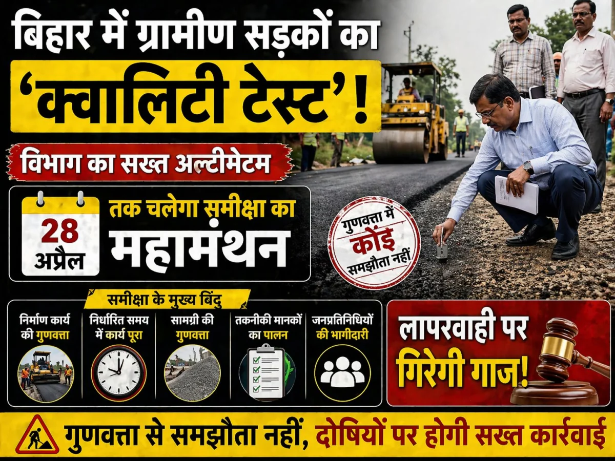 बिहार में ग्रामीण सड़कों का 'क्वालिटी टेस्ट': विभाग का सख्त अल्टीमेटम, 28 अप्रैल तक चलेगा समीक्षा का महामंथन; लापरवाही पर गिरेगी गाज 1 बिहार में ग्रामीण सड़कों का 'क्वालिटी टेस्ट': विभाग का सख्त अल्टीमेटम, 28 अप्रैल तक चलेगा समीक्षा का महामंथन; लापरवाही पर गिरेगी गाज