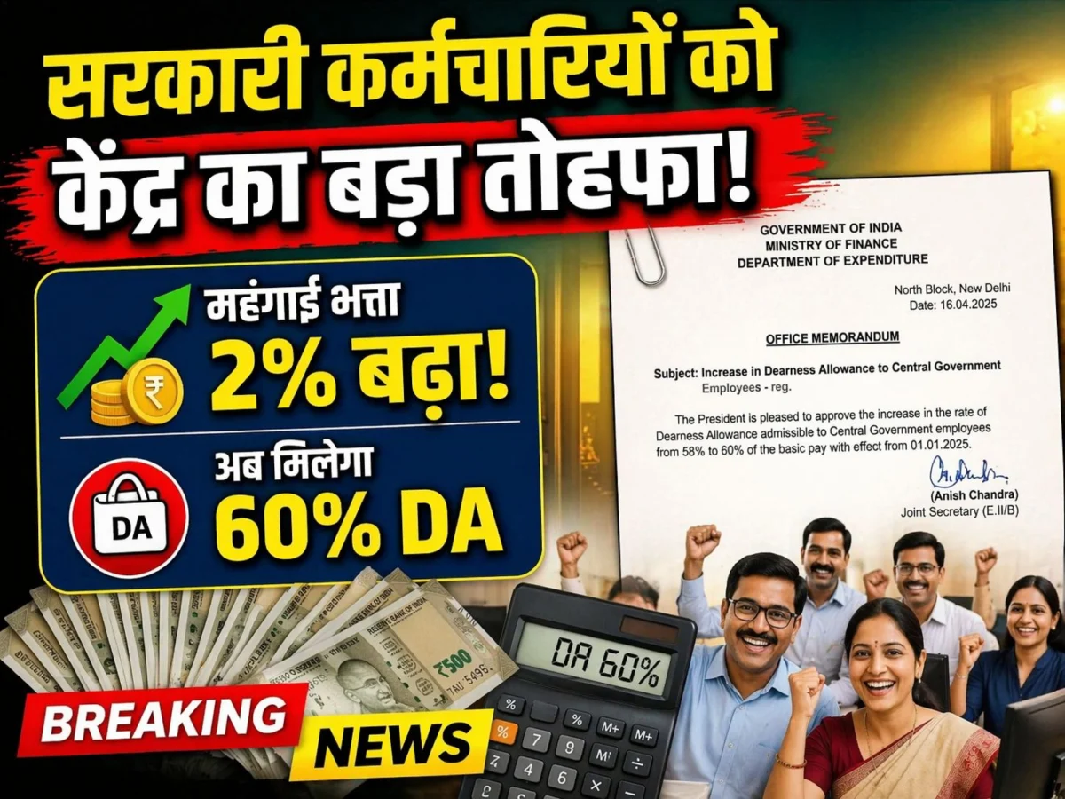 सरकारी कर्मचारियों को केंद्र का बड़ा तोहफा: महंगाई भत्ता 2% बढ़ा, अब 60% मिलेगा DA 1 सरकारी कर्मचारियों को केंद्र का बड़ा तोहफा: महंगाई भत्ता 2% बढ़ा, अब 60% मिलेगा DA