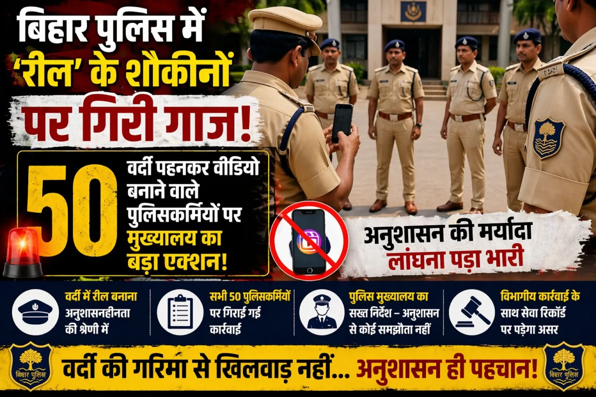 बिहार पुलिस में ‘रील’ के शौकीनों पर गिरी गाज: वर्दी पहनकर वीडियो बनाने वाले 50 पुलिसकर्मियों पर मुख्यालय का बड़ा एक्शन; अनुशासन की मर्यादा लांघना पड़ा भारी