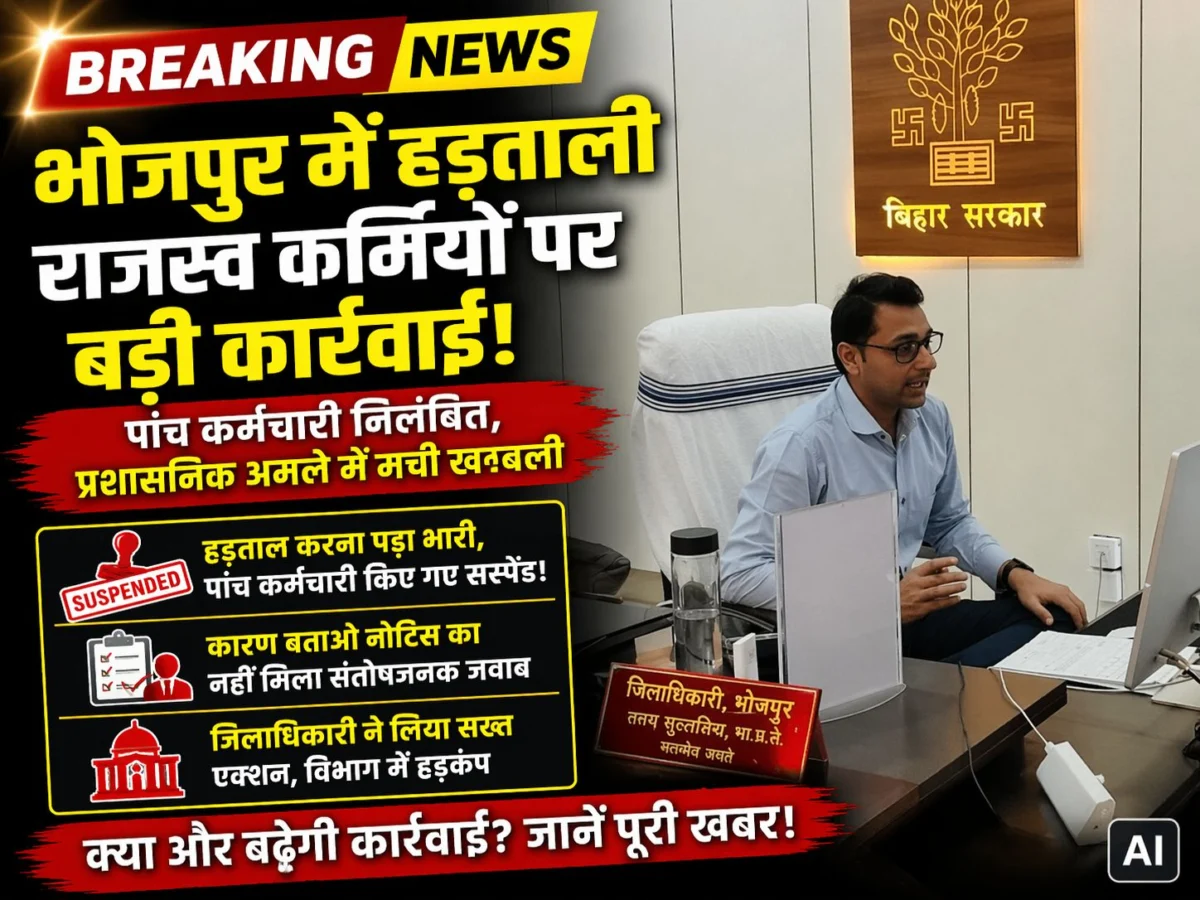 भोजपुर में हड़ताली राजस्व कर्मियों पर बड़ी कार्रवाई: पांच कर्मचारी निलंबित, प्रशासनिक अमले में मची खलबली 1 भोजपुर में हड़ताली राजस्व कर्मियों पर बड़ी कार्रवाई: पांच कर्मचारी निलंबित, प्रशासनिक अमले में मची खलबली