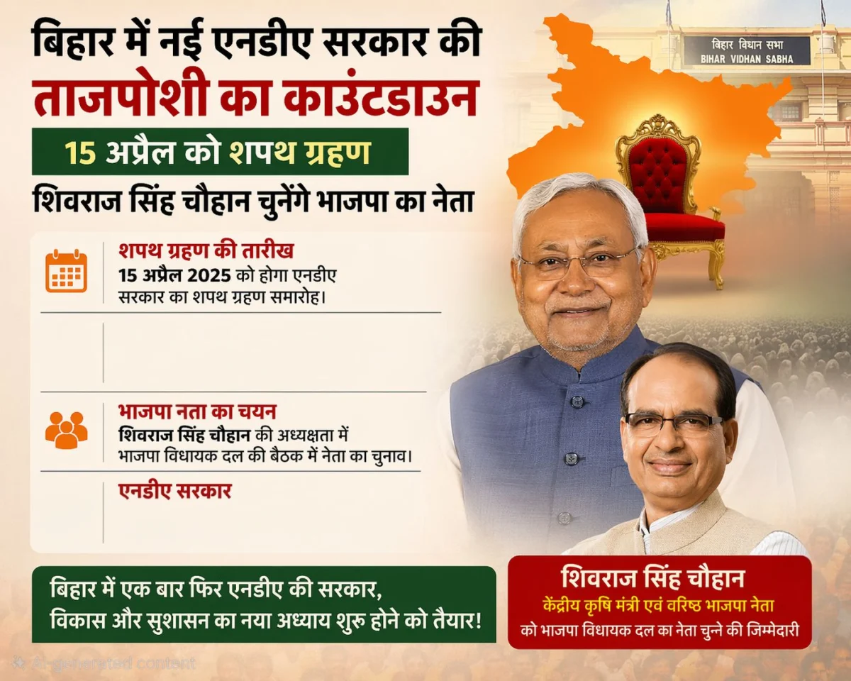 बिहार में नई एनडीए सरकार की ताजपोशी का काउंटडाउन: 15 अप्रैल को शपथ ग्रहण, शिवराज सिंह चौहान चुनेंगे भाजपा का नेता 1 बिहार में नई एनडीए सरकार की ताजपोशी का काउंटडाउन: 15 अप्रैल को शपथ ग्रहण, शिवराज सिंह चौहान चुनेंगे भाजपा का नेता