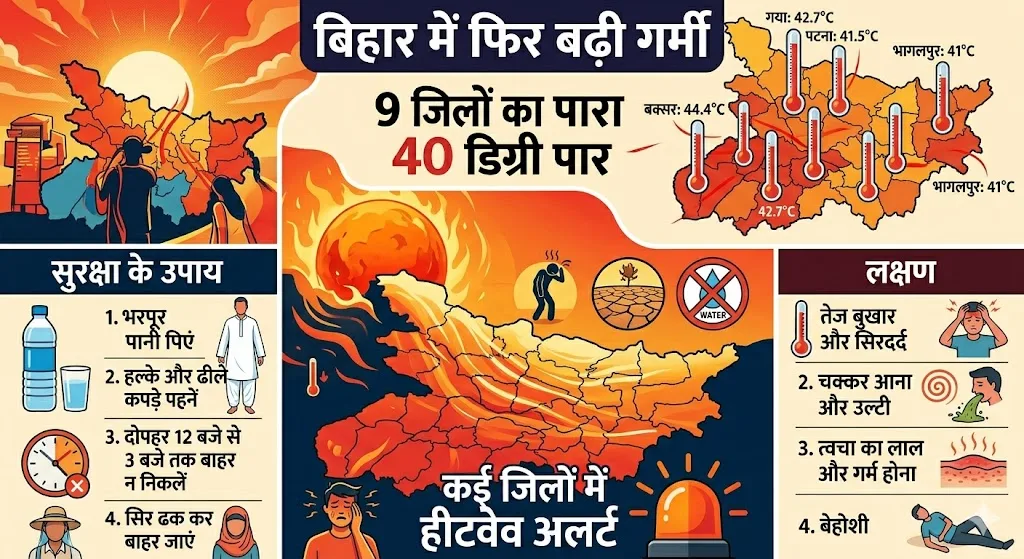 बिहार में फिर बढ़ी गर्मी, 9 जिलों का पारा 40 डिग्री पार; कई जिलों में हीटवेव अलर्ट 1 बिहार में फिर बढ़ी गर्मी, 9 जिलों का पारा 40 डिग्री पार; कई जिलों में हीटवेव अलर्ट