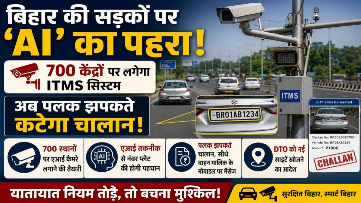 बिहार की सड़कों पर 'एआई' का पहरा: 700 केंद्रों पर लगेगा आईटीएमएस सिस्टम; अब पलक झपकते कटेगा चालान, डीटीओ को नई साइटें खोजने का आदेश 1 बिहार की सड़कों पर 'एआई' का पहरा: 700 केंद्रों पर लगेगा आईटीएमएस सिस्टम; अब पलक झपकते कटेगा चालान, डीटीओ को नई साइटें खोजने का आदेश