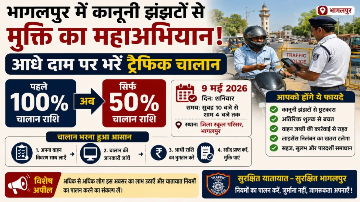 भागलपुर में कानूनी झंझटों से मुक्ति का महाअभियान: आधे दाम पर भरें ट्रैफिक चालान, 9 मई को जिला स्कूल में विशेष आयोजन 1 भागलपुर में कानूनी झंझटों से मुक्ति का महाअभियान: आधे दाम पर भरें ट्रैफिक चालान, 9 मई को जिला स्कूल में विशेष आयोजन