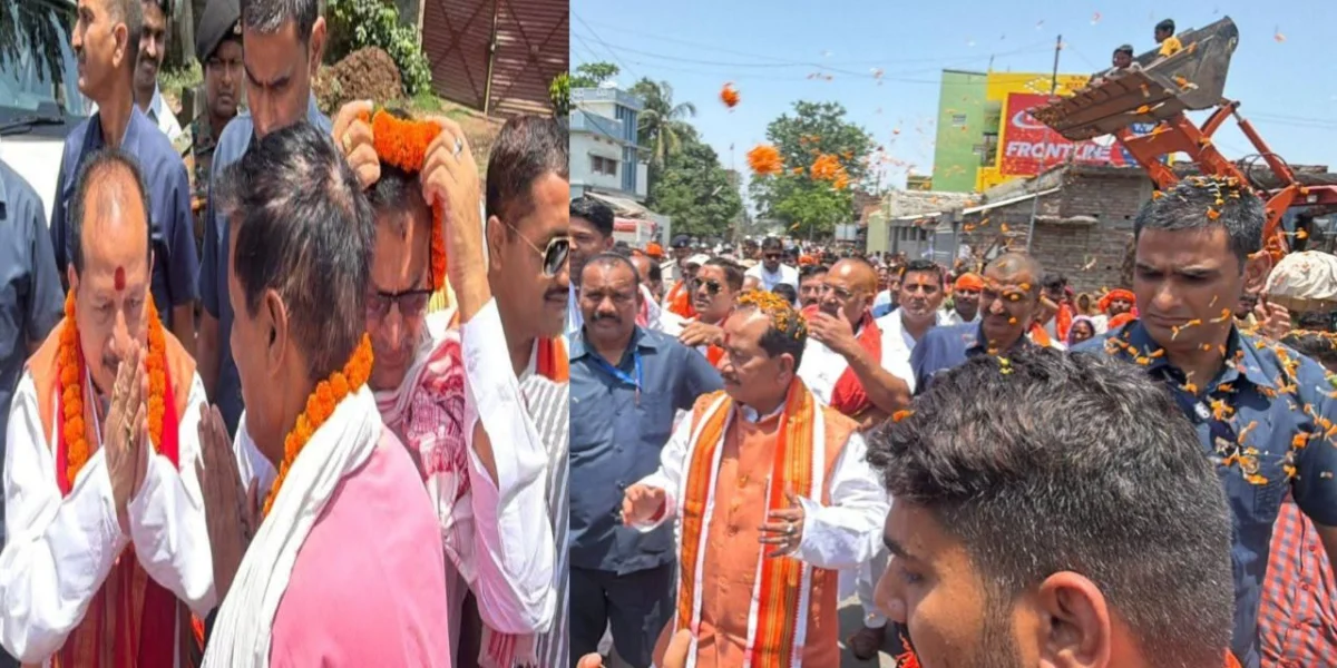 बड़हिया में कृषि मंत्री विजय कुमार सिन्हा का 'बुलडोजर' वाला इस्तकबाल: फूलों की बारिश और ढोल-नगाड़ों के साथ भव्य स्वागत; जगदंबा मंदिर में टेका मत्था
