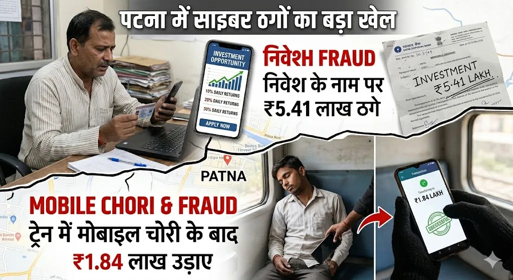 पटना में साइबर ठगों का बड़ा खेल: निवेश के नाम पर 5.41 लाख ठगे, ट्रेन में मोबाइल चोरी के बाद खाते से उड़ाए 1.84 लाख