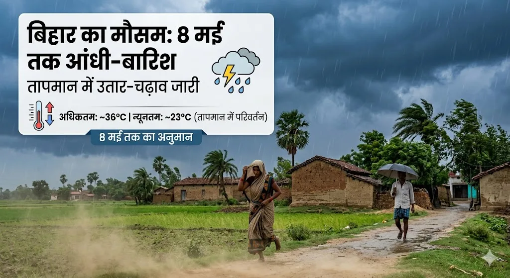 बिहार का मौसम: 8 मई तक आंधी-बारिश के आसार, तापमान में उतार-चढ़ाव जारी 1 बिहार का मौसम: 8 मई तक आंधी-बारिश के आसार, तापमान में उतार-चढ़ाव जारी