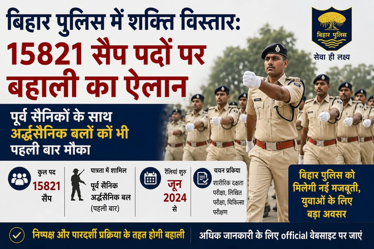 बिहार पुलिस में शक्ति विस्तार: 15821 सैप पदों पर बहाली का ऐलान; पूर्व सैनिकों के साथ अर्द्धसैनिक बलों को भी पहली बार मौका, जून से शुरू होगी रैलियां 1 बिहार पुलिस में शक्ति विस्तार: 15821 सैप पदों पर बहाली का ऐलान; पूर्व सैनिकों के साथ अर्द्धसैनिक बलों को भी पहली बार मौका, जून से शुरू होगी रैलियां