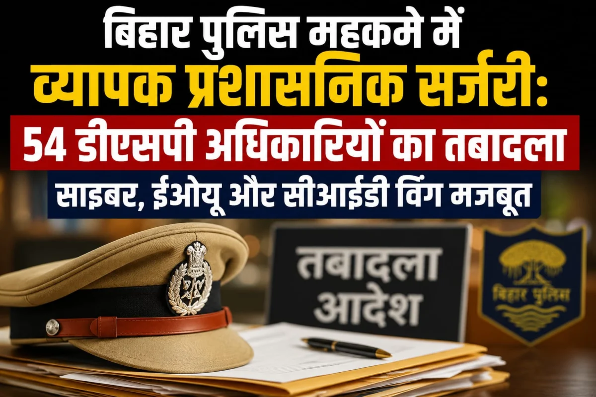 बिहार पुलिस महकमे में व्यापक प्रशासनिक सर्जरी: 54 डीएसपी अधिकारियों का तबादला, साइबर, ईओयू और सीआईडी विंग मजबूत 1 बिहार पुलिस महकमे में व्यापक प्रशासनिक सर्जरी: 54 डीएसपी अधिकारियों का तबादला, साइबर, ईओयू और सीआईडी विंग मजबूत
