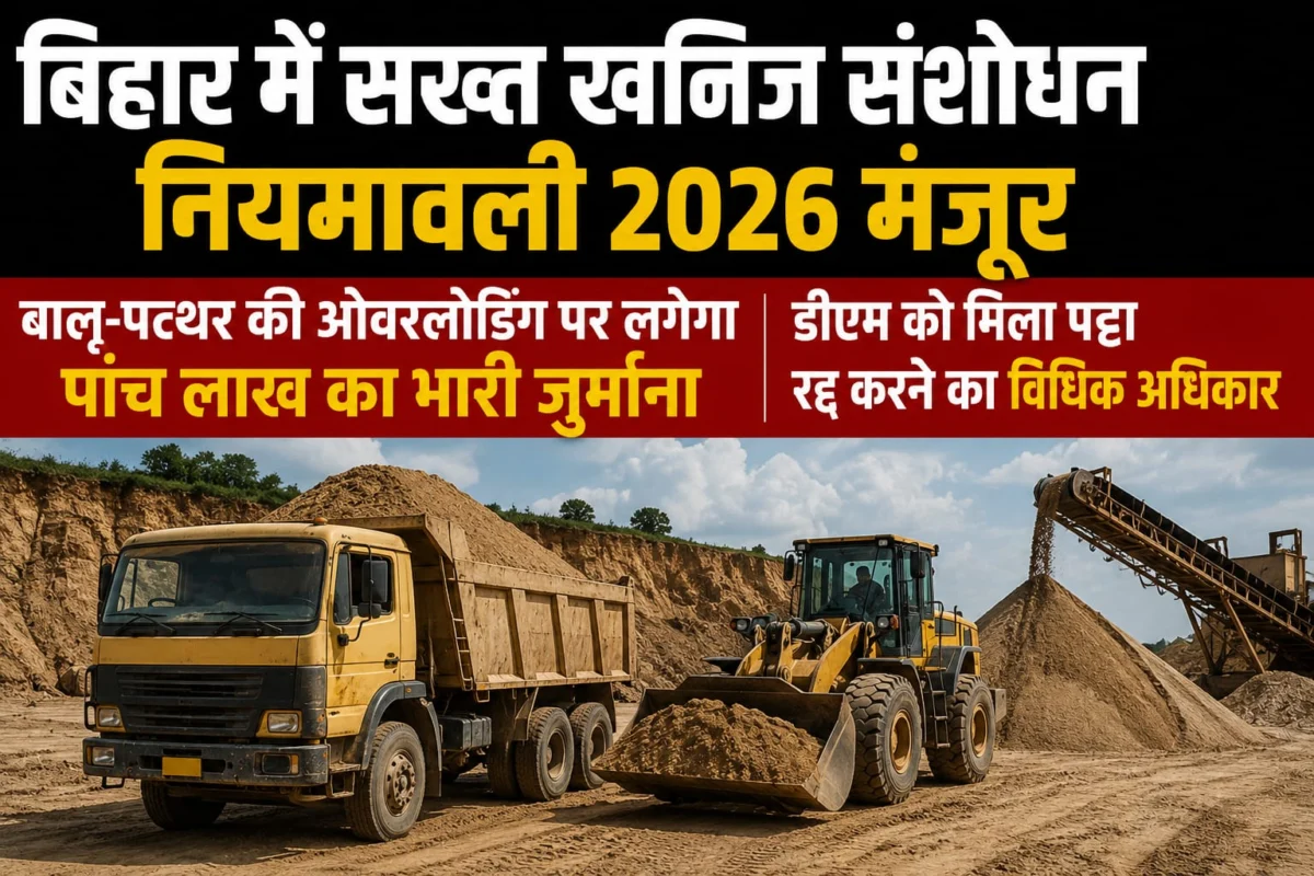 बिहार में सख्त खनिज संशोधन नियमावली 2026 मंजूर: बालू-पत्थर की ओवरलोडिंग पर लगेगा पांच लाख का भारी जुर्माना, डीएम को मिला पट्टा रद्द करने का विधिक अधिकार 1 बिहार में सख्त खनिज संशोधन नियमावली 2026 मंजूर: बालू-पत्थर की ओवरलोडिंग पर लगेगा पांच लाख का भारी जुर्माना, डीएम को मिला पट्टा रद्द करने का विधिक अधिकार
