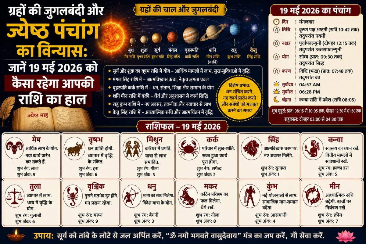 ग्रहों की जुगलबंदी और ज्येष्ठ पंचांग का विन्यास: जानें 19 मई 2026 को कैसा रहेगा आपकी राशि का हाल 1 ग्रहों की जुगलबंदी और ज्येष्ठ पंचांग का विन्यास: जानें 19 मई 2026 को कैसा रहेगा आपकी राशि का हाल