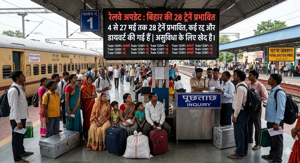 रेलवे अपडेट: 4 से 27 मई तक बिहार की 28 ट्रेनें प्रभावित, कई रद्द और डायवर्ट 1 रेलवे अपडेट: 4 से 27 मई तक बिहार की 28 ट्रेनें प्रभावित, कई रद्द और डायवर्ट
