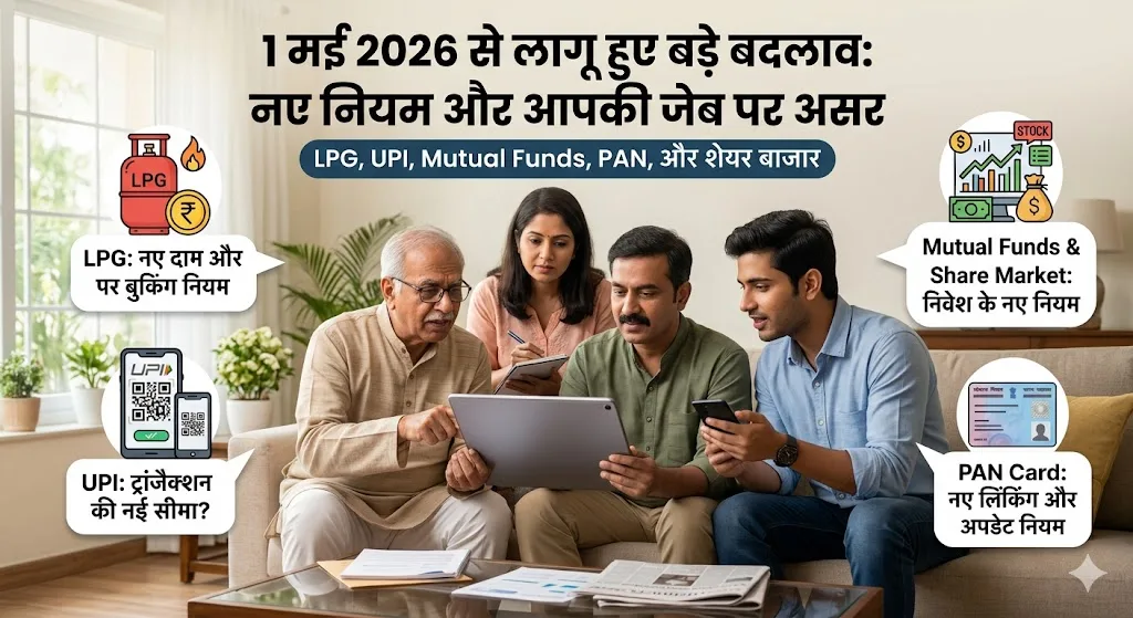 1 मई 2026 से लागू हुए बड़े बदलाव: म्यूचुअल फंड, LPG, UPI, PAN और शेयर बाजार के नए नियमों का आपकी जेब और रोजमर्रा की जिंदगी पर सीधा असर 1 1 मई 2026 से लागू हुए बड़े बदलाव: म्यूचुअल फंड, LPG, UPI, PAN और शेयर बाजार के नए नियमों का आपकी जेब और रोजमर्रा की जिंदगी पर सीधा असर
