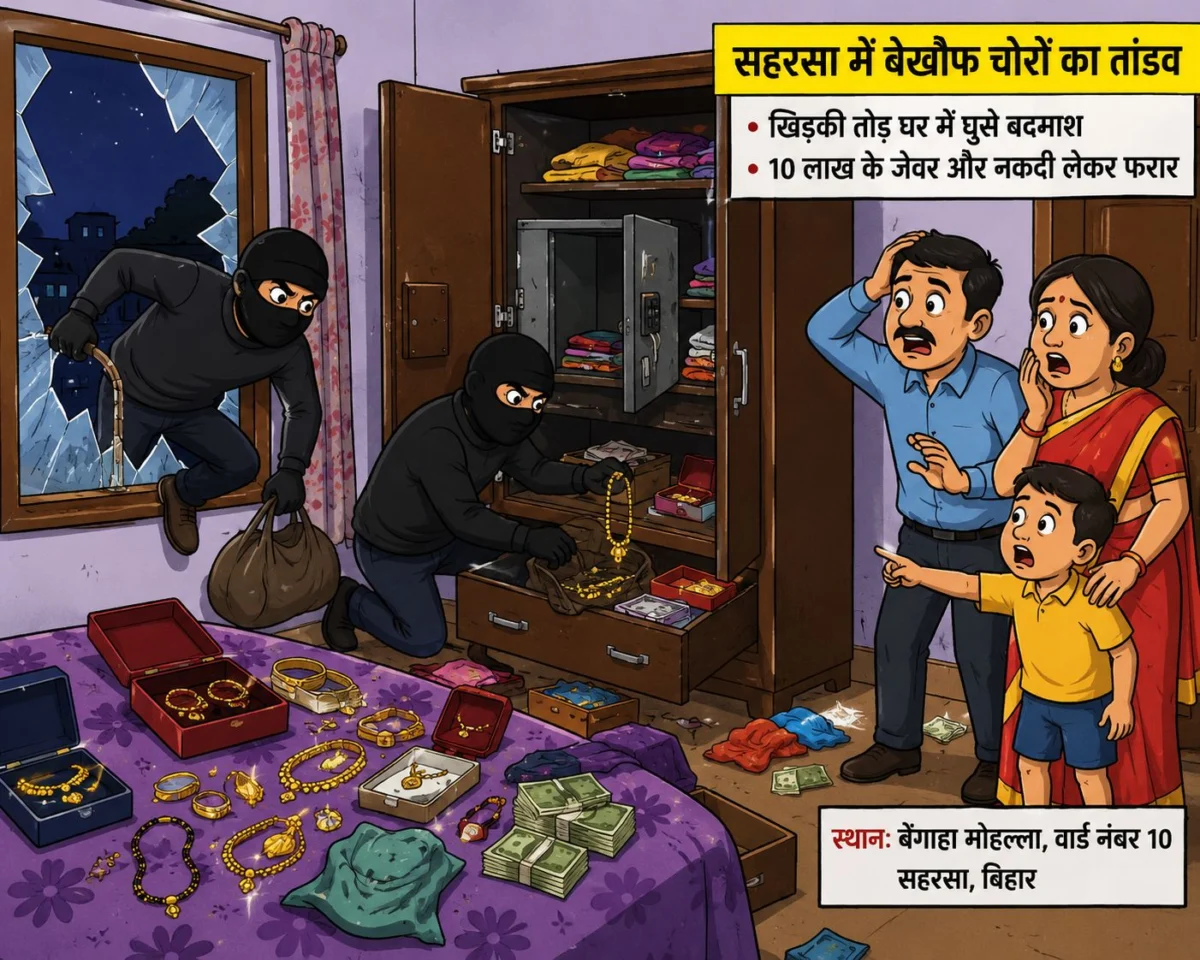 सहरसा में चोरों का आतंक: खिड़की तोड़ घर में घुसे बदमाश, लाखों के जेवर और नकदी लेकर फरार