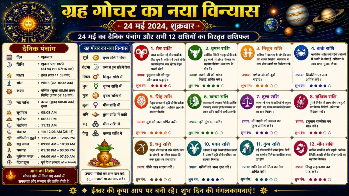 ग्रह गोचर का नया विन्यास: 24 मई का दैनिक पंचांग और सभी 12 राशियों का विस्तृत राशिफल