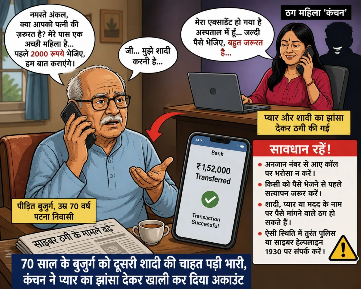 पटना में शादी के नाम पर साइबर ठगी: 70 वर्षीय बुजुर्ग से 1.52 लाख की ठगी 1 पटना में शादी के नाम पर साइबर ठगी: 70 वर्षीय बुजुर्ग से 1.52 लाख की ठगी