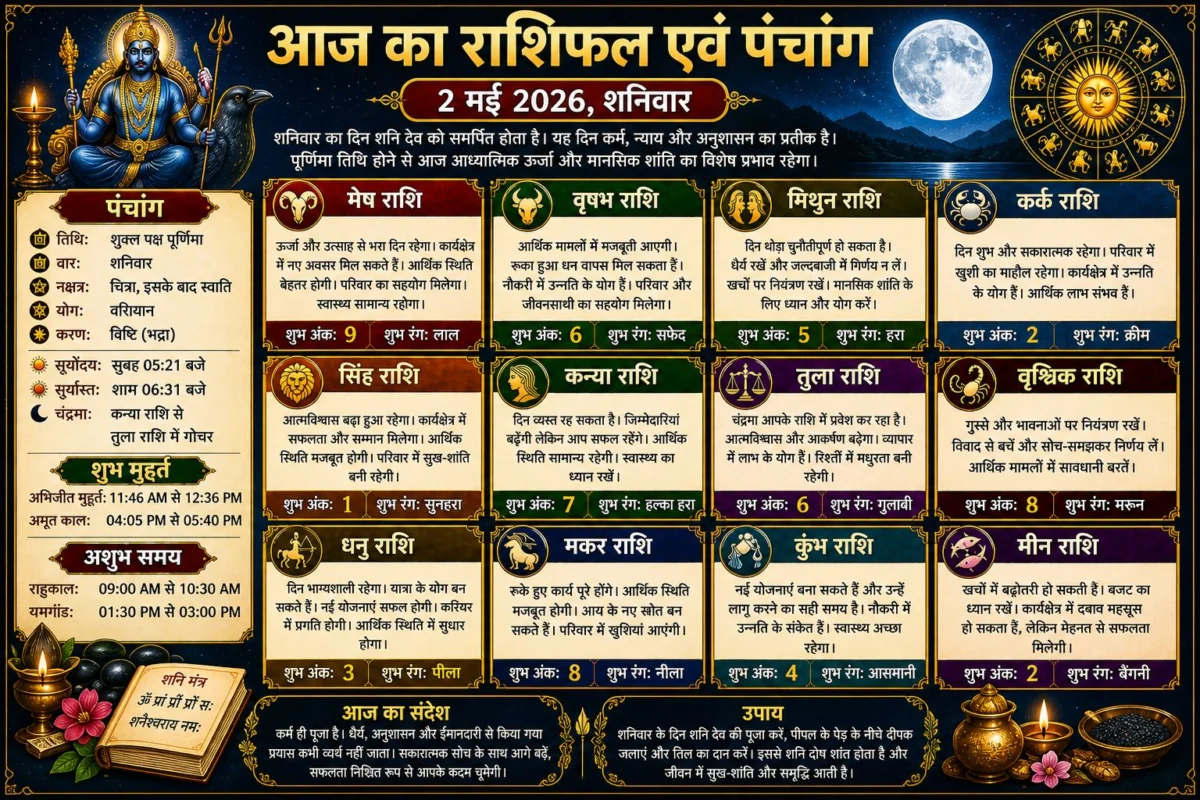 आज का राशिफल एवं पंचांग (2 मई 2026, शनिवार) 1 आज का राशिफल एवं पंचांग (2 मई 2026, शनिवार)