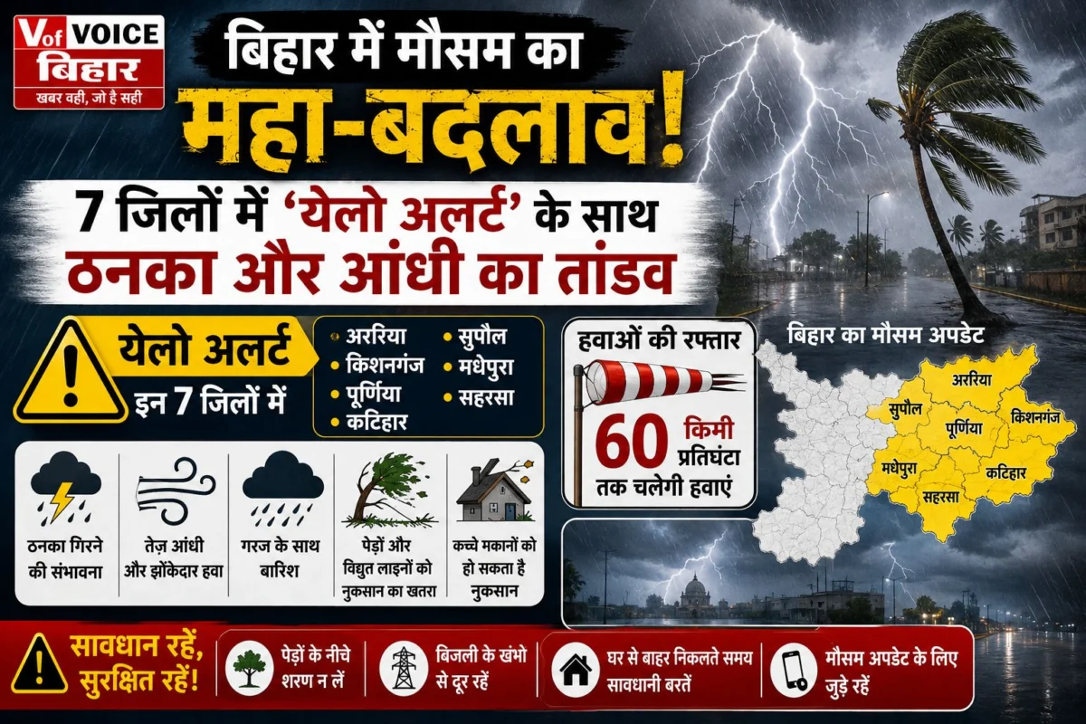 बिहार में मौसम का महा-बदलाव: 7 जिलों में 'येलो अलर्ट' के साथ ठनका और आंधी का तांडव, 60 किमी की रफ्तार से चलेंगी हवाएं 1 बिहार में मौसम का महा-बदलाव: 7 जिलों में 'येलो अलर्ट' के साथ ठनका और आंधी का तांडव, 60 किमी की रफ्तार से चलेंगी हवाएं