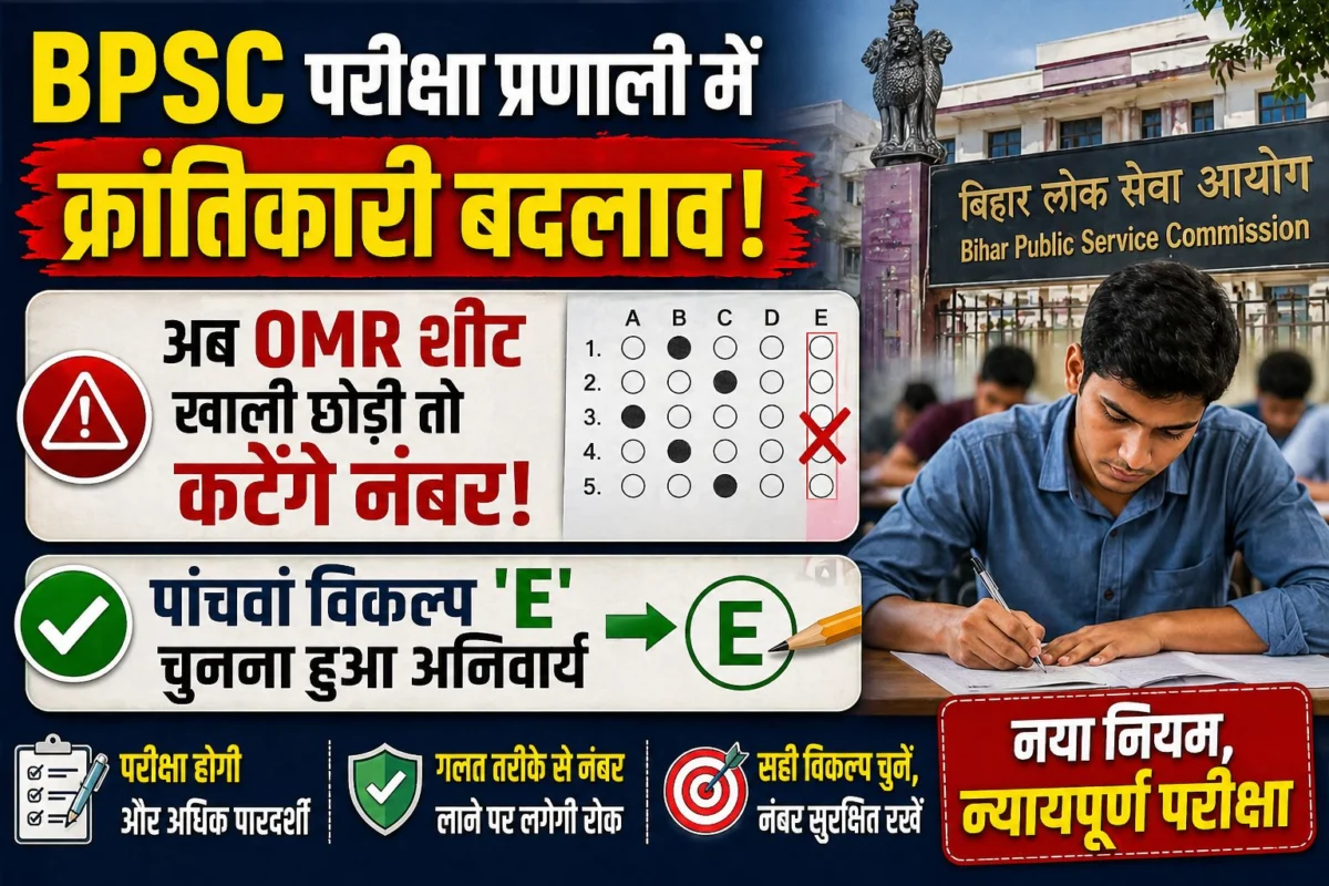 BPSC परीक्षा प्रणाली में क्रांतिकारी बदलाव: अब ओएमआर शीट खाली छोड़ी तो कटेंगे नंबर, पांचवां विकल्प 'E' चुनना हुआ अनिवार्य 1 BPSC परीक्षा प्रणाली में क्रांतिकारी बदलाव: अब ओएमआर शीट खाली छोड़ी तो कटेंगे नंबर, पांचवां विकल्प 'E' चुनना हुआ अनिवार्य